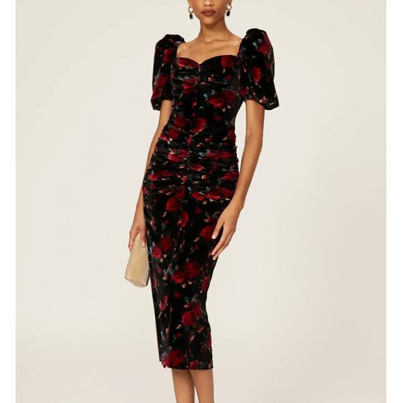 Autumn Adeigbo Black Velvet Floral Dress Size 4 Ruched Cocktail Designer $600 - Picture 1 of 12